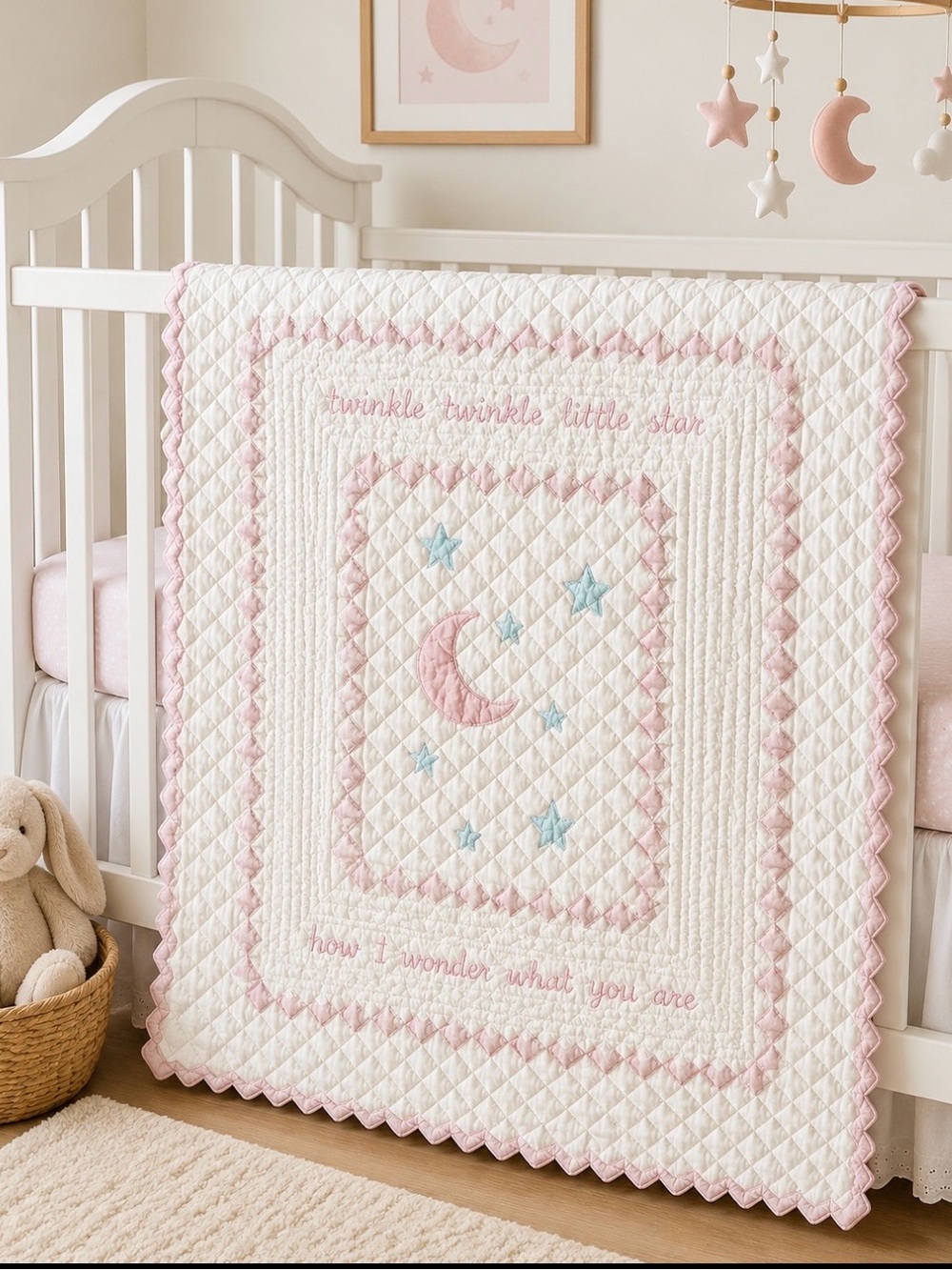 Hand-Quilted Vintage Twinkle Twinkle Little Star 46x59Throw Blanket Quilt.